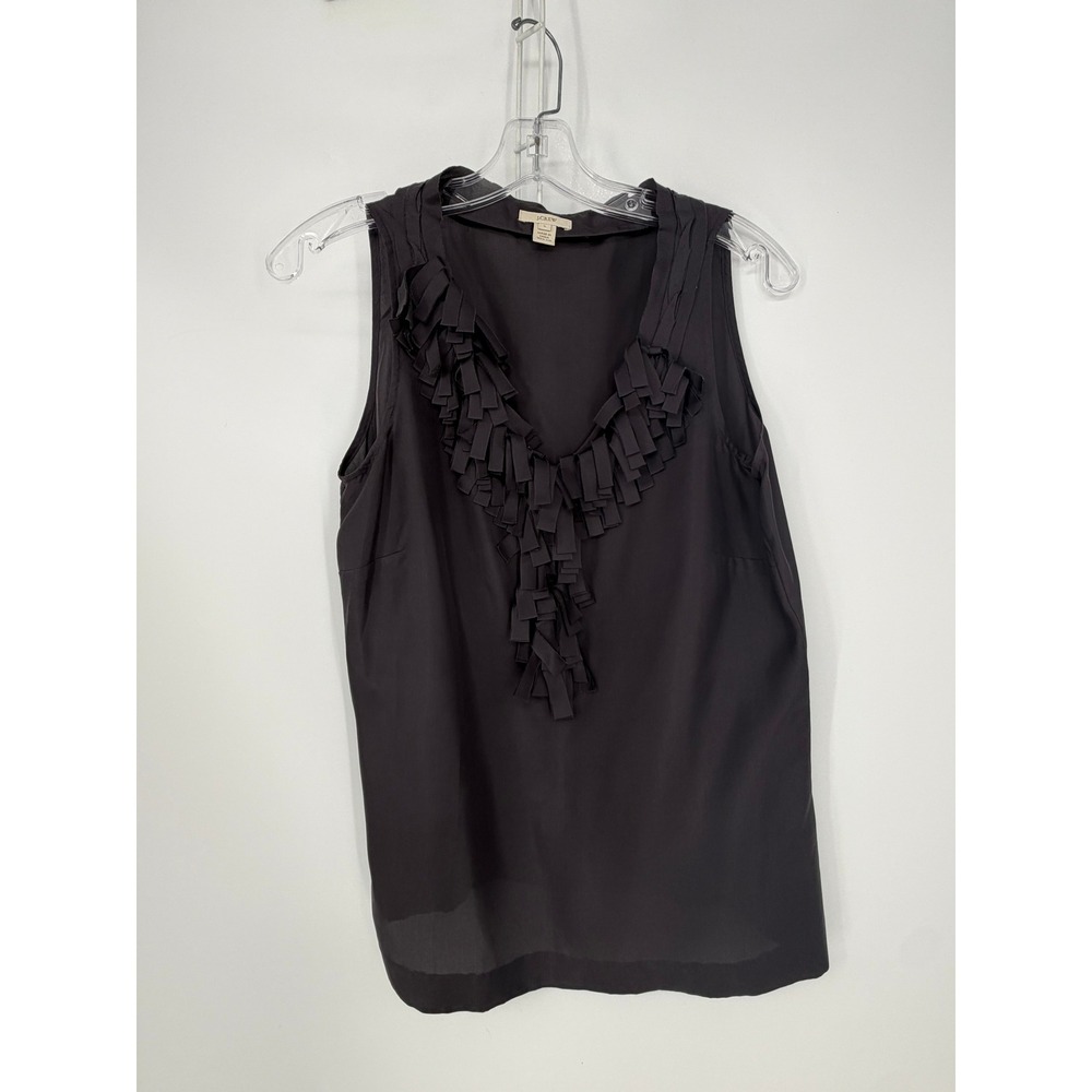 J.Crew Silk Ruffle Top Women 6 Gray V-Neck Sleeveless Workwear Minimalist Office